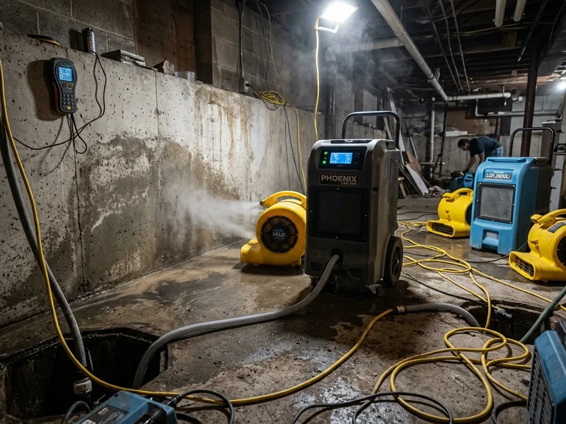 Dehumidifiers and air movers drying a basement after flooding