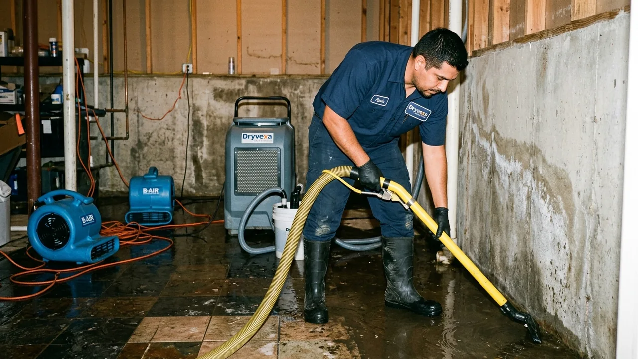Flooded Houston basement being cleaned up after water damage