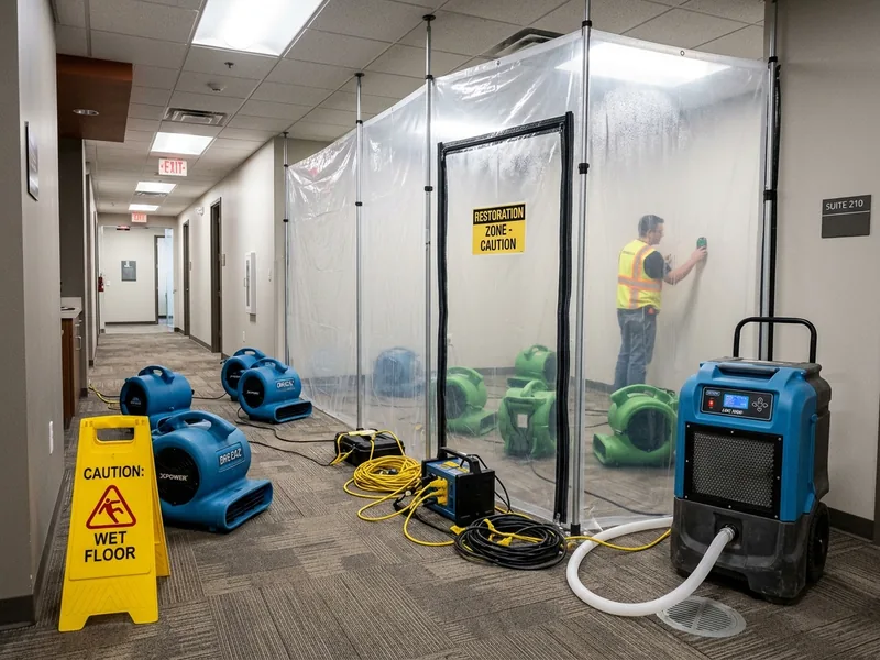 Drying equipment and containment set up in a water-damaged office