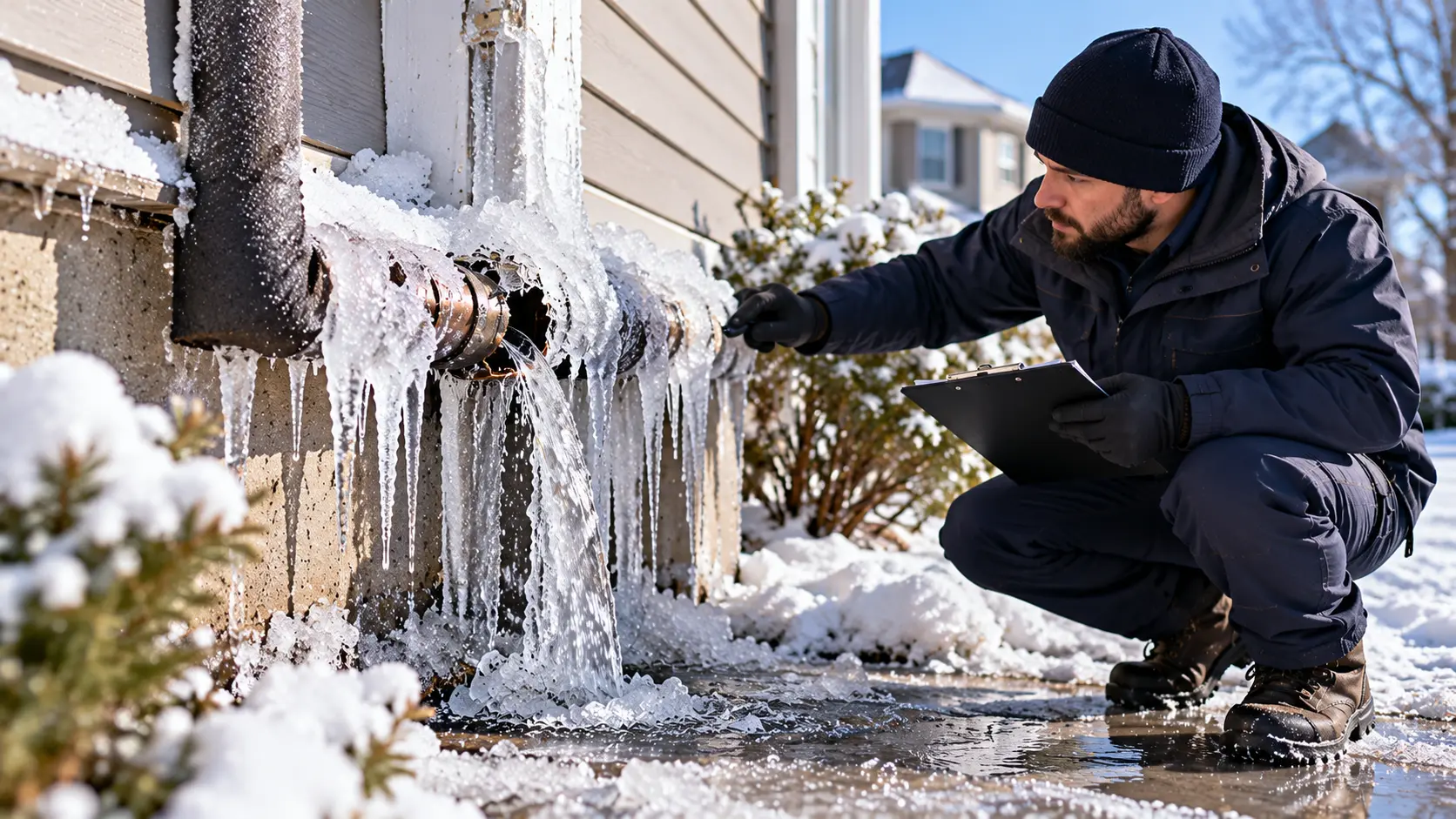 Technician inspecting a pipe for freezing during cold winter weather