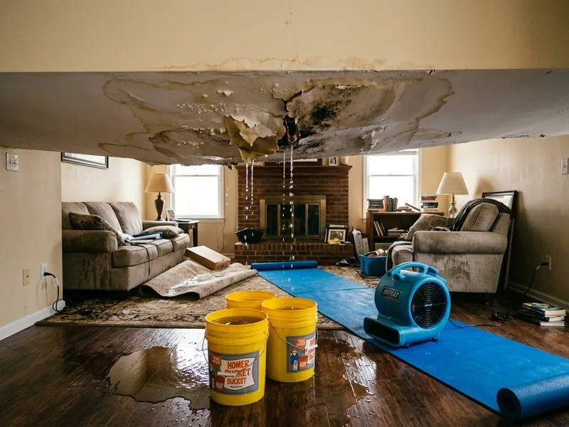 Water leaking from a thawing frozen pipe onto the floor