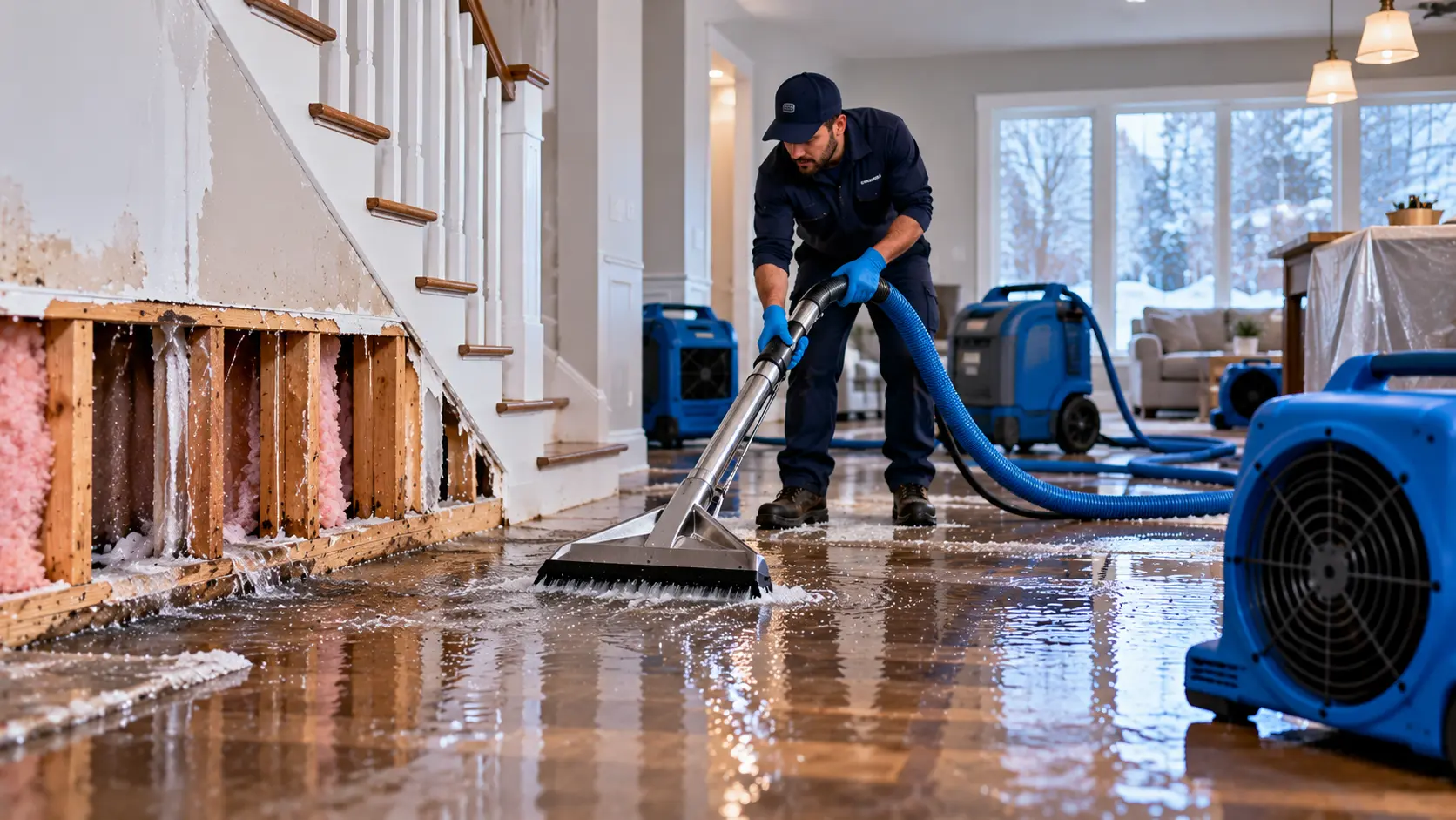 Technicians restoring a property after frozen pipe water damage