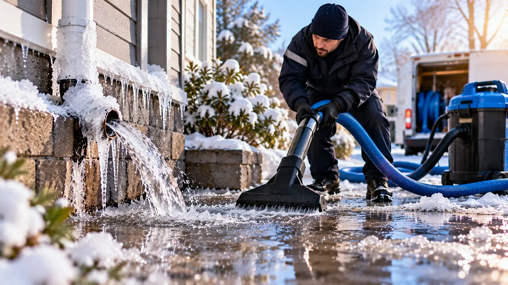 Water being extracted from a property after a winter pipe burst