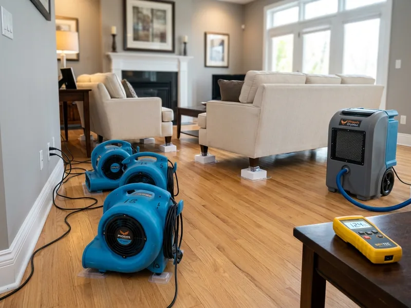 Air movers and a dehumidifier drying a room in a home