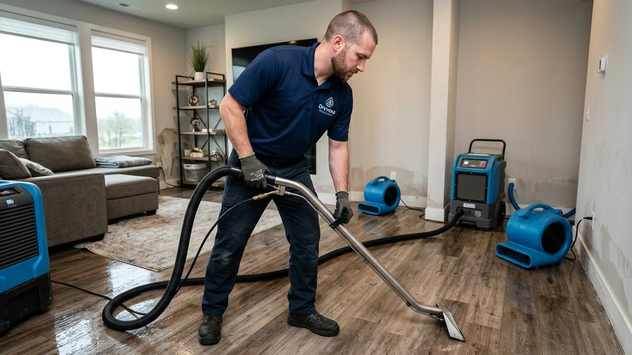 Water damage restoration technician documenting damage in a Houston home