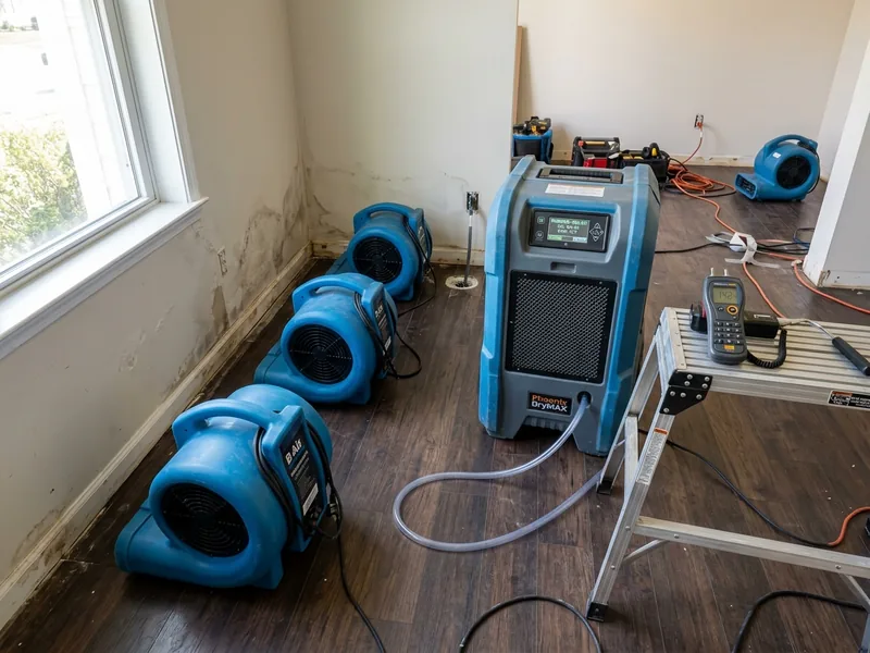 Air movers and a dehumidifier drying a room after flooding