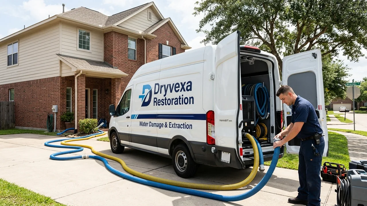 Truck-mounted extractor removing flood water from a Houston property