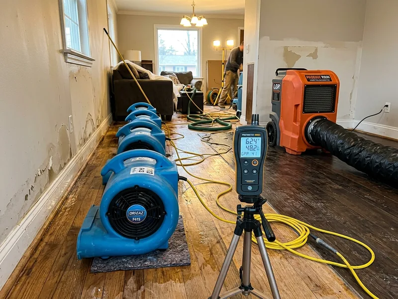 Air movers set up for rapid drying after water damage