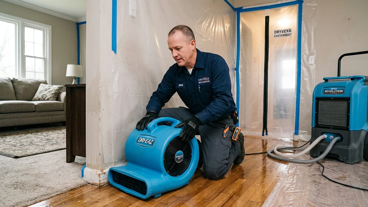 Containment and drying set up to prevent mold after water damage in a Houston property