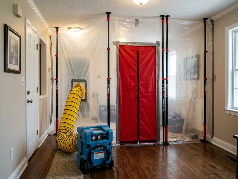 Plastic containment barrier set up during water mitigation